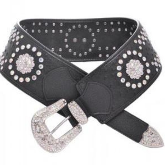 Accessories - Black Wide Ostrich Leather Belt with Rhinestones